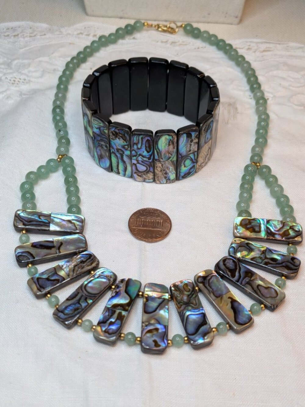 Lee Sands Jade and Abalone Necklace & Bracelet Set – Fringe Bib Style - Picture 2 of 10